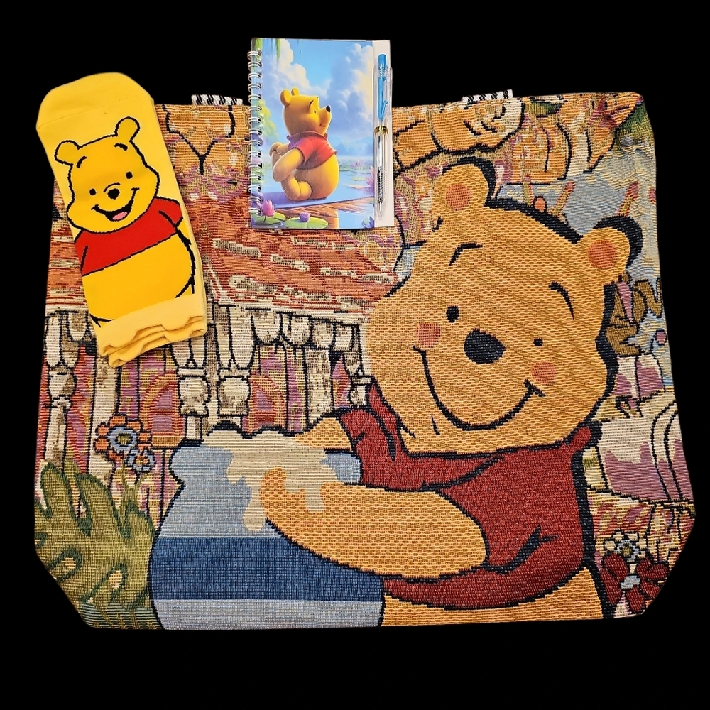Winnie the Pooh Tote Bag with Socks, Coin Pouch and Notebook Bundle